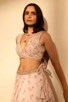 Shop_Pasha India_Pink Linen, Chiffon Sequins, Embroidery, Pearls V-neck Floral Print Lehenga Set 