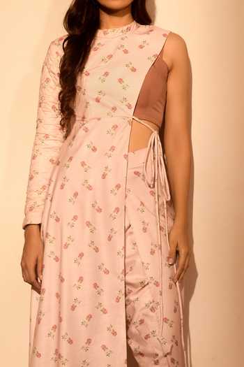 Pasha India_Pink Linen Embroidery High Neck, Floral Print Asymmetric Kurta And Dhoti Pant Set _Online_at_Aza_Fashions