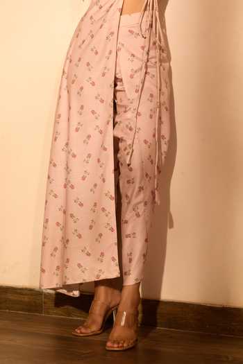 Buy_Pasha India_Pink Linen Embroidery High Neck, Floral Print Asymmetric Kurta And Dhoti Pant Set _Online_at_Aza_Fashions