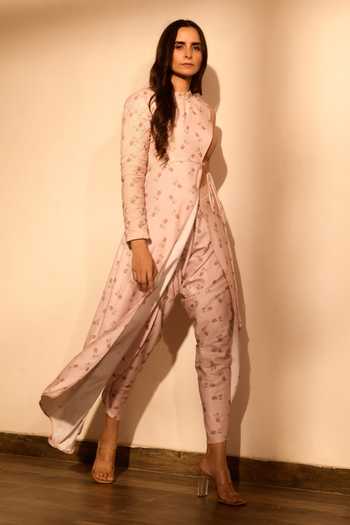 Shop_Pasha India_Pink Linen Embroidery High Neck, Floral Print Asymmetric Kurta And Dhoti Pant Set _Online_at_Aza_Fashions
