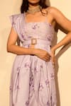 Pasha India_Purple Linen Floral Square Neck Draped Blouse And Dhoti Pant Set _Online_at_Aza_Fashions