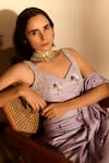 Pasha India_Purple Linen Sequins, Pearls Sweetheart Neck Floral Print Pant Saree With Blouse _at_Aza_Fashions