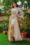 Omana By Ranjana Bothra_Peach Satin Cut Work, Embroidery One Shoulder Shimmer Neck Gown _Online_at_Aza_Fashions