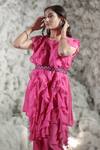 Negra Elegante_Pink Organza, Chanderi Round Ruffle Top And Pant Set_at_Aza_Fashions