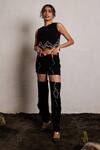 Pocket Stories_Black Microsuit Embroidery Beads And Wave Pattern Crop Top & Thigh Cutout Pant Set _Online_at_Aza_Fashions