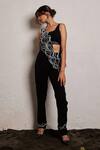 Pocket Stories_Black Microsuit Embroidery Beads And Crystals Square Neck Wave Jumpsuit  _Online_at_Aza_Fashions