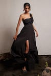 Shop_Pocket Stories_Black Crepe Embroidery Bugle Beads And Sequin One Butterfly Gown  _Online_at_Aza_Fashions