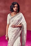 PUNIT BALANA_Ivory Tussar Silk Printed And Embroidery Hand Block Border Saree With Blouse _Online_at_Aza_Fashions