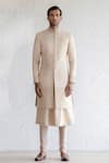 Buy_Qbik_Beige Sherwani Embroidered Silk Kiran Dori Saheb Set _Online_at_Aza_Fashions