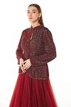Rabani & Rakha_Maroon Net Embroidery, Sequins, Cut Work Dahlia Peplum Jacket And Lehenga Set _Online_at_Aza_Fashions