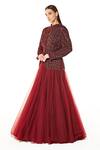 Buy_Rabani & Rakha_Maroon Net Embroidery, Sequins, Cut Work Dahlia Peplum Jacket And Lehenga Set _Online_at_Aza_Fashions
