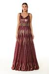 Rabani & Rakha Wine Net Embroidery V-neck Adah Chevron Pattern Sequin Gown Online at Aza Fashions Rabani & Rakha_Wine Net Embroidery V-neck Adah Chevron Pattern Sequin Gown _Online_at_Aza_Fashions