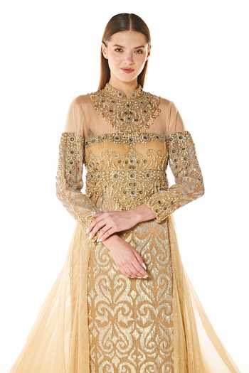 Shop_Rabani & Rakha_Gold Georgette, Organza Sequins Mandarin Collar Gala Paisley Embroidered Gown _at_Aza_Fashions