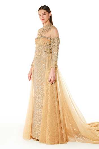 Buy_Rabani & Rakha_Gold Georgette, Organza Sequins Mandarin Collar Gala Paisley Embroidered Gown _Online_at_Aza_Fashions