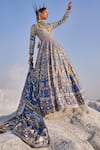 Shop_The Royaleum_Blue Silk, Organza Sequins, Embroidery V-neck Patola Anarkali With Dupatta _Online_at_Aza_Fashions