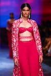 Nachiket Barve_Red Jacket: Organza Embroidery Thread Moonflower And Trouser Set For Women_Online_at_Aza_Fashions