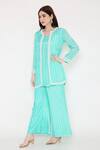 Buy_Bha Sha_Blue Muslin, Linen Sequins, Beads, Radha Bandhani Print Jacket And Flared Pant Set _Online_at_Aza_Fashions