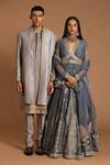 Buy_Rar Studio_Grey Chanderi Handloom Woven Dori Hand Embroidered Work Sherwani Set  _Online_at_Aza_Fashions