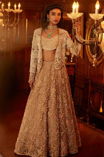 Ridhima Bhasin_Beige Organza Pearls, Sequins, Beads Iltija Embroidered Jacket Lehenga Set _Online_at_Aza_Fashions
