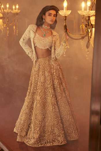 Buy_Ridhima Bhasin_Beige Organza Pearls, Sequins, Beads Iltija Embroidered Jacket Lehenga Set _Online_at_Aza_Fashions