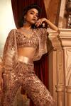Ridhima Bhasin_Beige Net Hand Embroidered Sequin Cape Open Zaheen Pant Set  _Online_at_Aza_Fashions