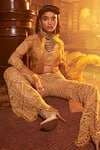 Ridhima Bhasin_Yellow Organza Embroidered Sequin Jacket: Ruffle Waqea Palazzo Set For Women_Online_at_Aza_Fashions