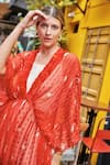 Shop_Style Junkiie_Red Embroidery Bandhani Kimono Duster Jacket _Online_at_Aza_Fashions