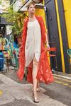 Style Junkiie_Red Embroidery Bandhani Kimono Duster Jacket _at_Aza_Fashions