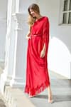 Style Junkiie_Red Natural Crepe Embellished One Shoulder Kaftan Dress With Belt  _at_Aza_Fashions