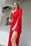 Buy_Style Junkiie_Red Natural Crepe Embellished One Shoulder Kaftan Dress With Belt  _Online_at_Aza_Fashions