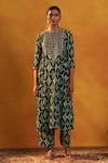 Rekha Agra_Green Crepe Floral Work, Moroccan Prints Round Kurta And Pant Set _Online_at_Aza_Fashions