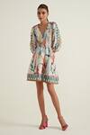 RANNA GILL_Multi Color Viscose Linen Print Meadow V Neck Midi Dress _Online_at_Aza_Fashions