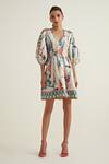 Buy_RANNA GILL_Multi Color Viscose Linen Print Meadow V Neck Midi Dress _Online_at_Aza_Fashions