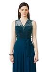 Rohit Gandhi + Rahul Khanna Blue Georgette Embroidered V Neck Jumpsuit With Belt Online at Aza Fashions Rohit Gandhi + Rahul Khanna_Blue Georgette Embroidered V Neck Jumpsuit With Belt _Online_at_Aza_Fashions