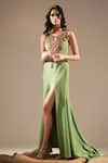 Nikita Mhaisalkar_Green Luxe Suiting Embellished Metallic Work V Yoke Trail Gown _Online_at_Aza_Fashions