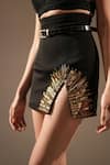 Nikita Mhaisalkar_Black Luxe Suiting Embellished Metallic Gold Slit Skirt With Belt _at_Aza_Fashions