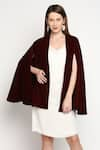 Monk & Mei_Maroon Velvet Embroidered Sequins Dress Cowl Cape Open Arzu With _Online_at_Aza_Fashions