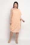 Monk & Mei_Peach Velvet Brocade And Tassels One Shoulder Shakira Cowl Draped Dress _Online_at_Aza_Fashions