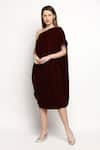 Buy_Monk & Mei_Maroon Velvet Plain One Shoulder Shakira Draped Dress _Online_at_Aza_Fashions