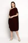 Buy_Monk & Mei_Maroon Velvet Brocade And Tassels One Shoulder Shakira Cowl Draped Dress _Online_at_Aza_Fashions