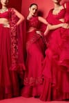 Ridhi Mehra_Red Blouse Net Embroidery Aani Ruffle Pre-draped Saree With  _Online_at_Aza_Fashions