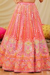 Rajbinder Chahal_Orange Dupion Silk Embroidery Mirror Floral Bridal Lehenga Set _Online_at_Aza_Fashions