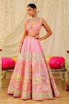 Buy_Rajbinder Chahal_Pink Dupion Silk Embroidery Mirror Sweetheart Neck Applique Bridal Lehenga Set _Online_at_Aza_Fashions