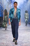 Shop_Nirmooha_Blue Velvet Stripe Bomber Jacket _Online_at_Aza_Fashions