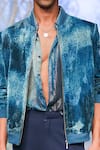 Nirmooha_Blue Velvet Stripe Bomber Jacket _at_Aza_Fashions