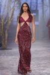 Nirmooha_Purple Crepe Embroidery Sequins Plunge V Cut-out Gown _at_Aza_Fashions