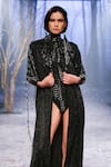 Shop_Nirmooha_Black Shimmer Embroidery Tassels Open Trench Jacket _Online_at_Aza_Fashions