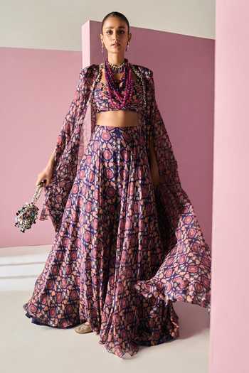 Ridhi Mehra_Blue Blouse Net Printed Floral Cape Open Ewaz Sharara Set  _Online_at_Aza_Fashions