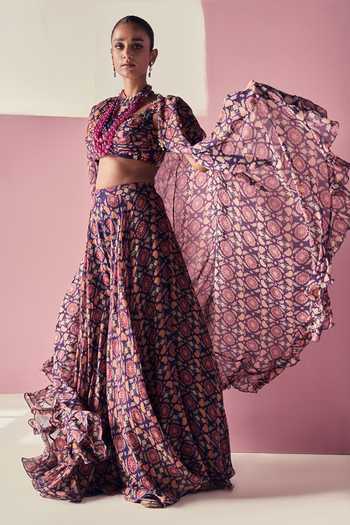 Buy_Ridhi Mehra_Blue Blouse Net Printed Floral Cape Open Ewaz Sharara Set  _Online_at_Aza_Fashions