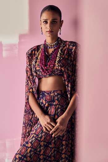 Shop_Ridhi Mehra_Blue Blouse Net Printed Floral Cape Open Ewaz Sharara Set  _Online_at_Aza_Fashions